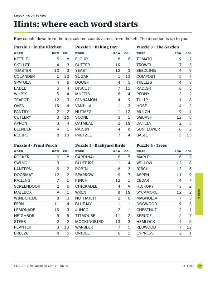 Page 19, hints: the starting row and column for each word