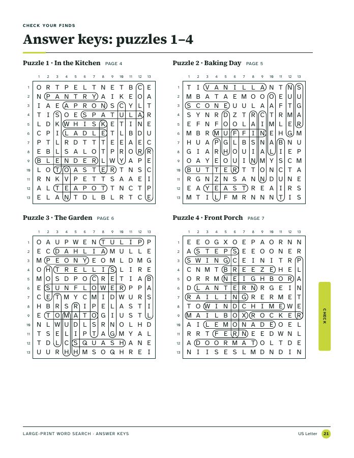 Page 21, answer keys for puzzles 1 to 4, each word looped in its grid